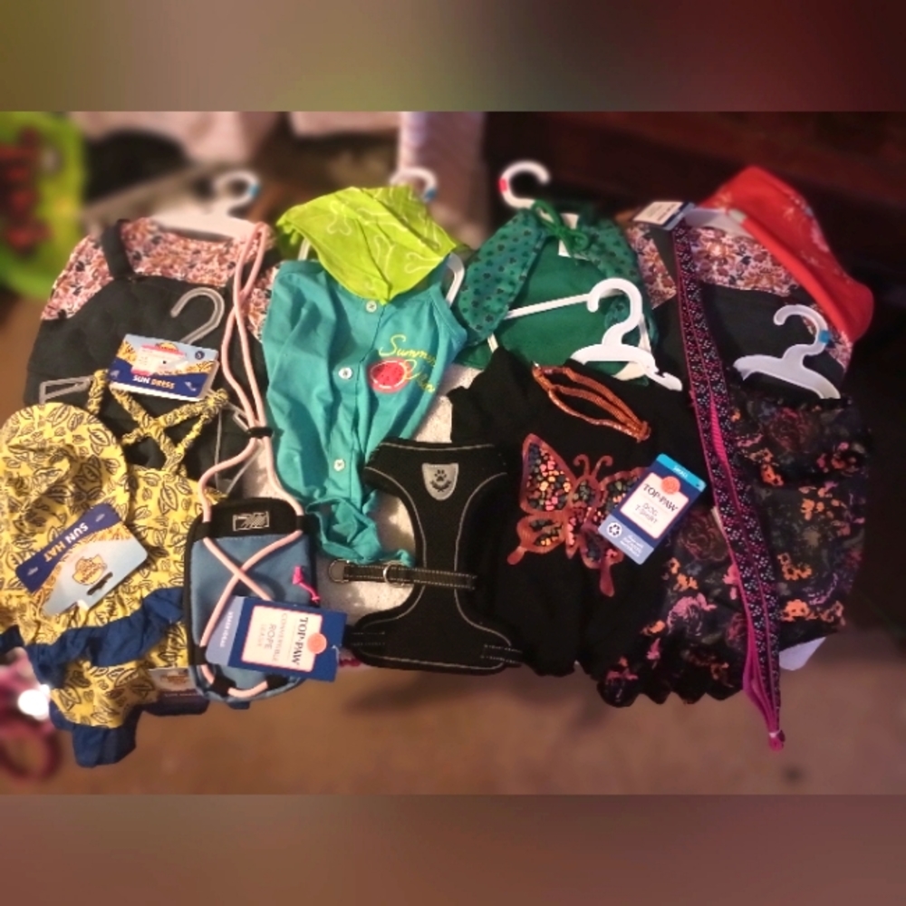 16 pc girl dog outfits, dresses, leashes, harness, bandanas, collars,hat, purse/